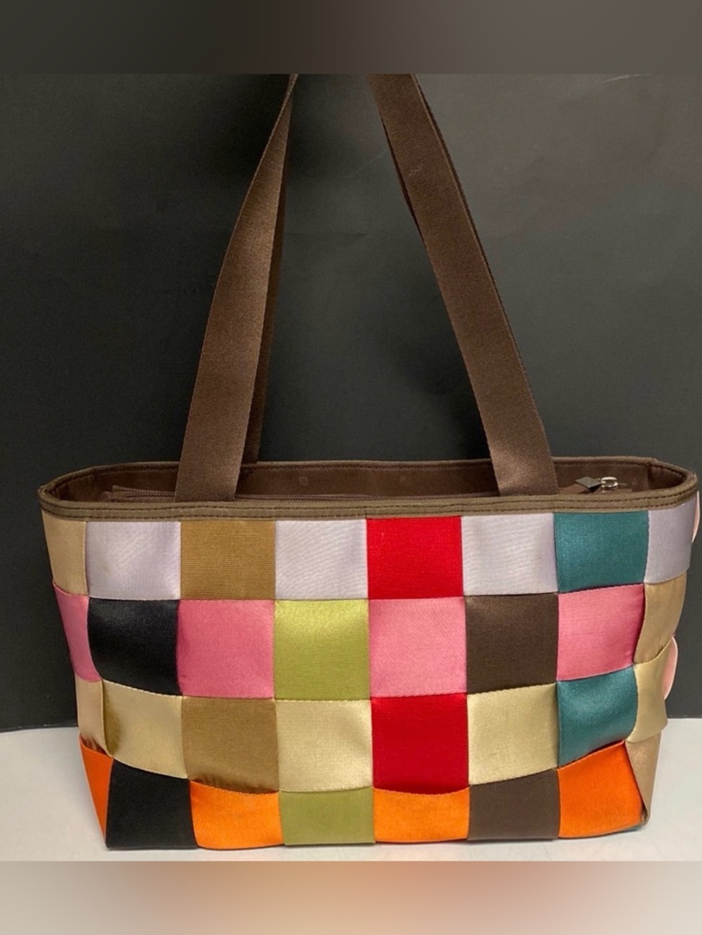 Colorful Woven Seatbelt Tote Bag Brown Trim Multicolor Shoulder Bag
